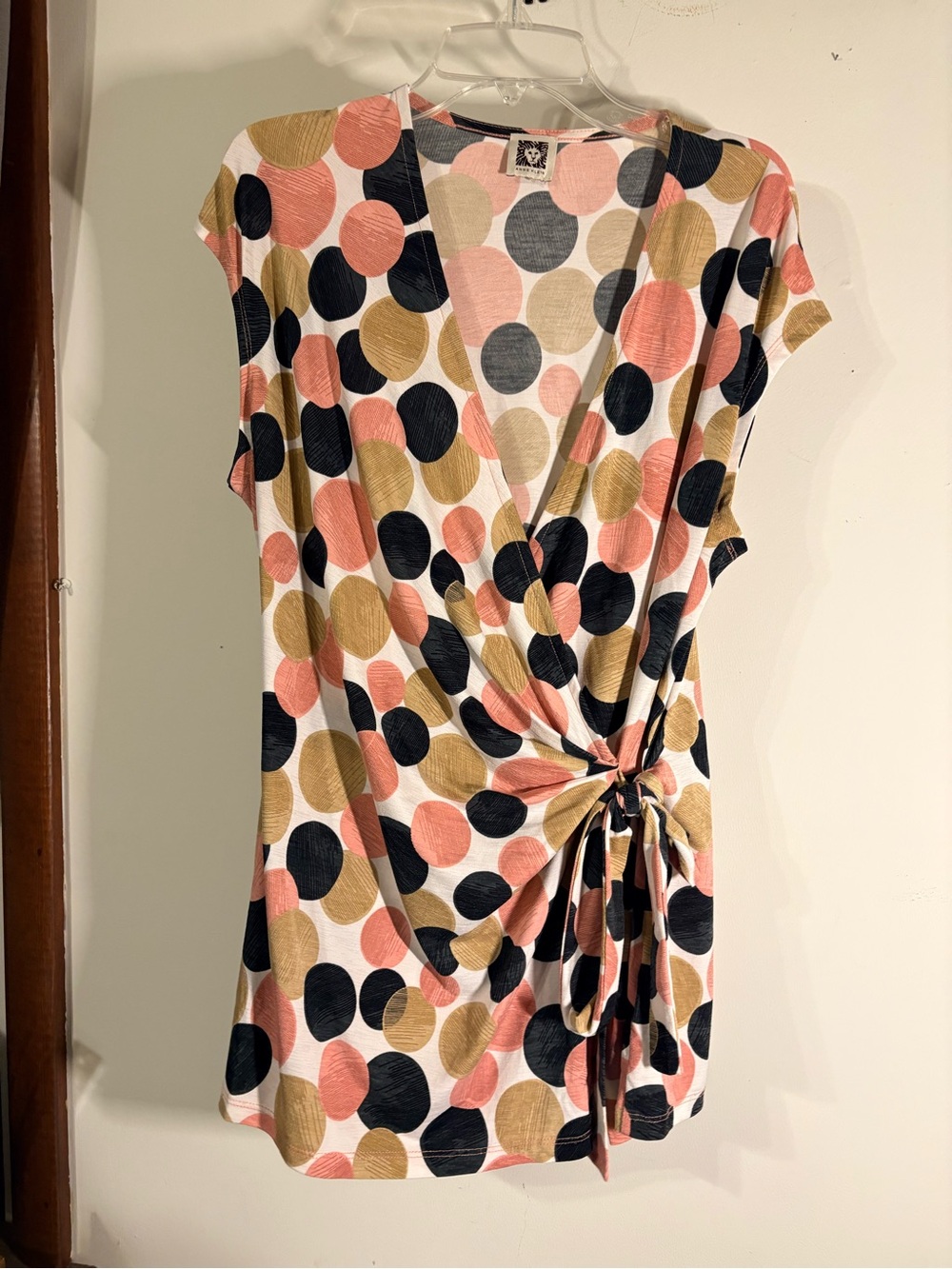 Anne Klein Polka Dot Side-Tie Midi top- Pink, Black & Tan